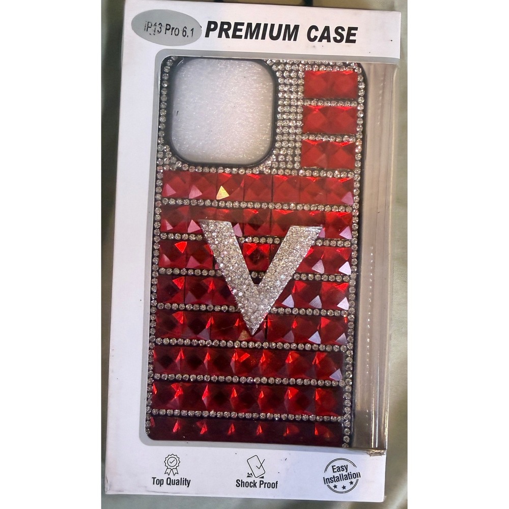 Red Bling Rhinestone iPhone 13 Pro Case Silver Crystal V Initial ShockproofCover